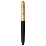 PARKER 51 Deluxe Fountain Pen | Black Barrel and Gold Attributes | Medium Nib in 18 Carat Gold | Black Ink Cartridge | Delivered in Gift Box