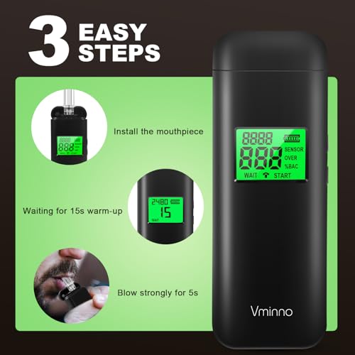 Vminno Professional-Grade Accuracy Rechargeable Personal Breathalyzer (10 Mouthpieces)