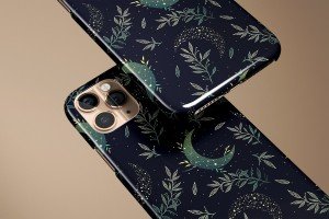 Moon Black Botanical Leaves Celestial Personalized Gift For Her Customize Phone Case iPhone 14 Case 14 Pro Max iPhone 13 Case 13 Pro Max 12