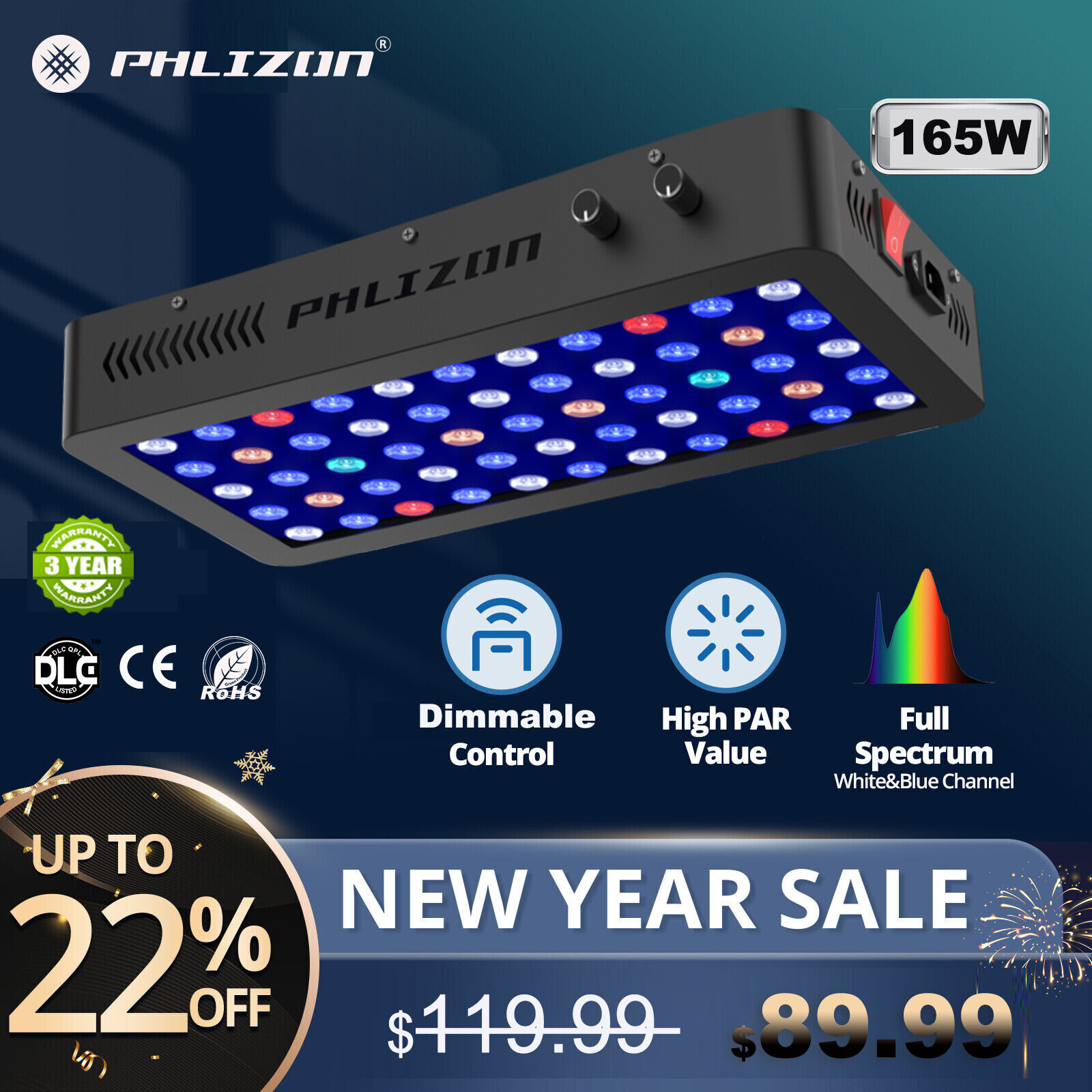Phlizon 165W Full Spectrum LED Aquarium Light