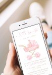 Candy stroller carriage pink baby shower mobile phone evite, a little sweetie baby shower partyelectronic invitation editable for girl -C458