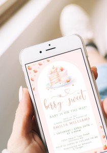 Strawberry baby shower phone invitation editable, berry sweet baby shower electronic text message evite, boho arch blush pink evite - C459
