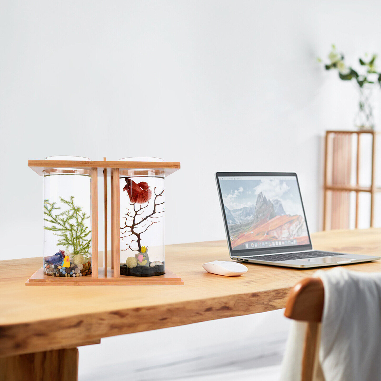 Mini Glass Betta Fish Tank with Bamboo Base