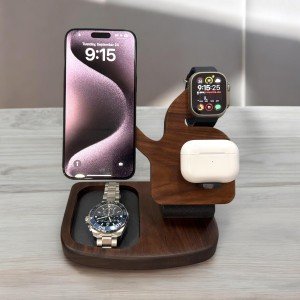 iPhone 16 Wireless Charger, Magnetic Apple Dock,  3 in 1 Charger, Wooden Dock, Nightstand Mode, Corporate Gift, Modern Dock, Oura Ring Port