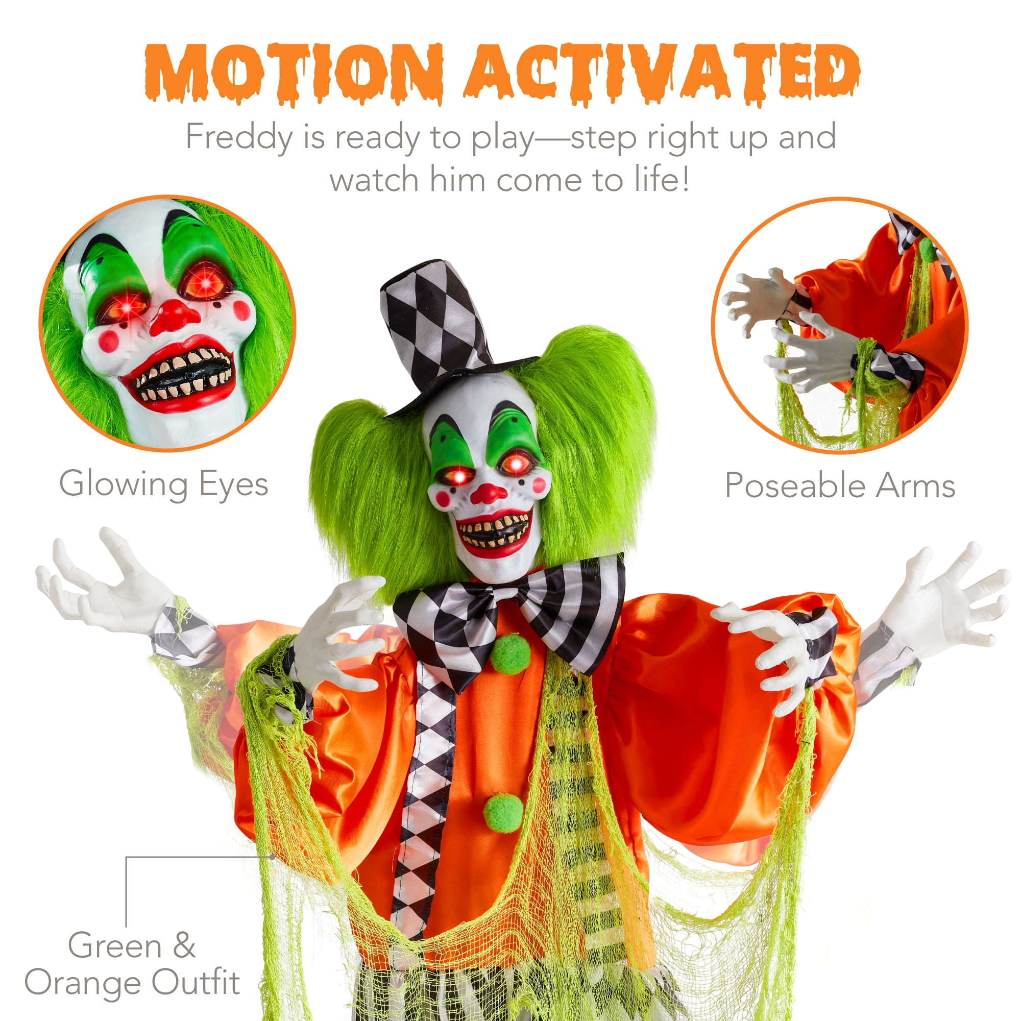 Motion-activated killer clown prop with pre-recorded lines