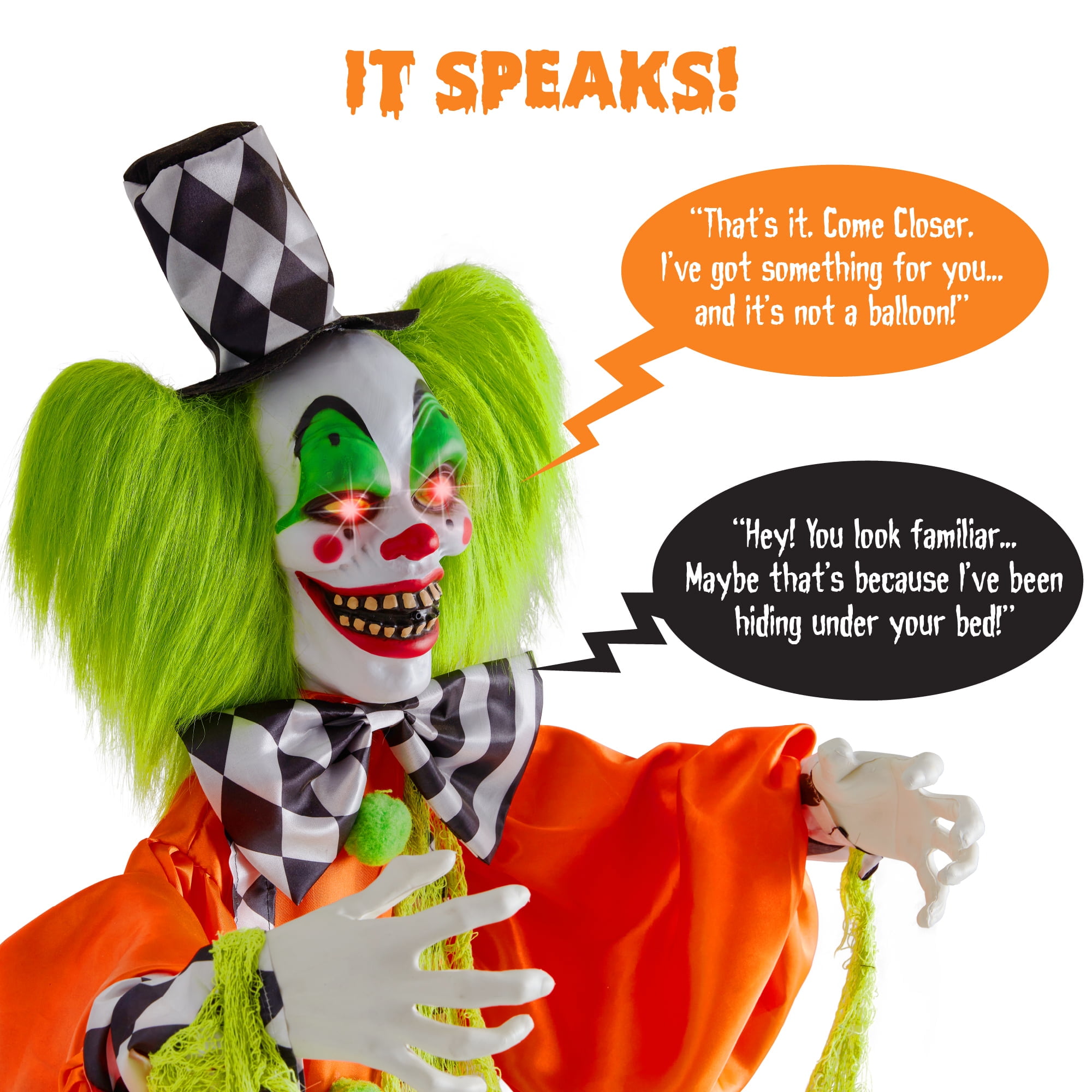 Motion-activated killer clown prop with pre-recorded lines