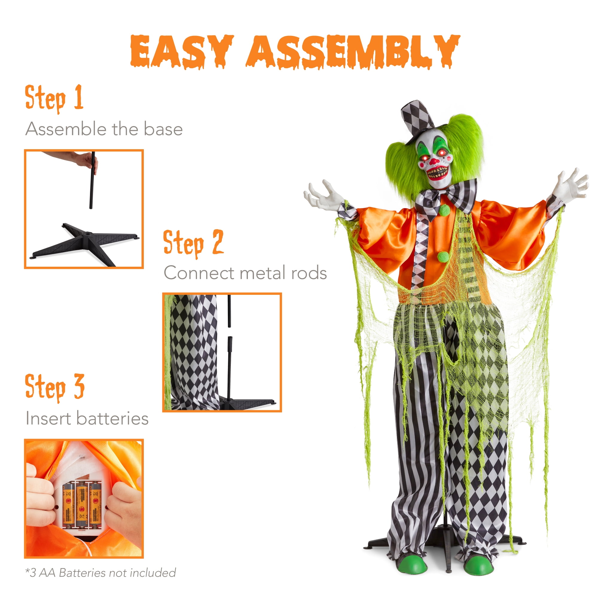 Motion-activated killer clown prop with pre-recorded lines