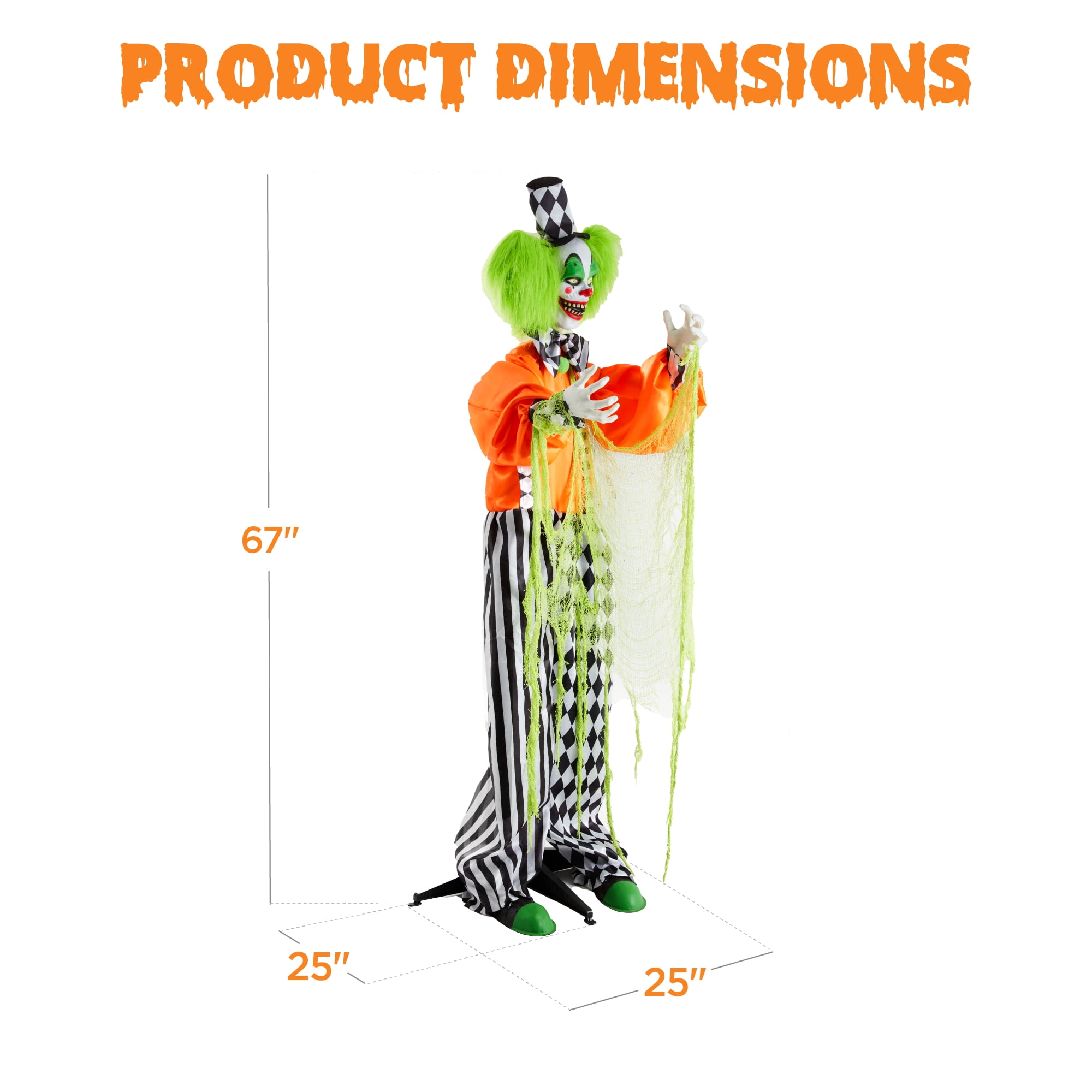Motion-activated killer clown prop with pre-recorded lines