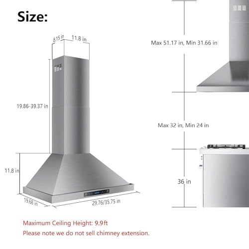 36" Stainless Steel Wall Mount Range Hood