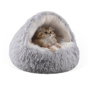 Round Plush Hooded Cat Cave Bed, 20" Grey