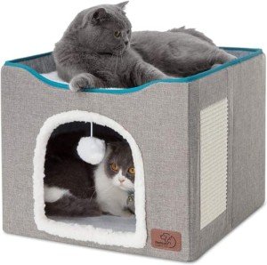 Large Grey Cat Cave with Fluffy Ball Toy