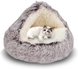 Cozy Round Plush Hooded Cat Bed Cave