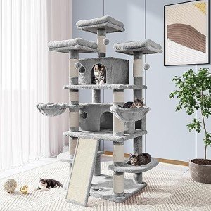 Allewie 68-Inch Multi-Level Cat Tree House - Light Grey