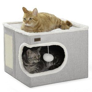 Modern Grey Cube Cat Bed with Scratch Pad