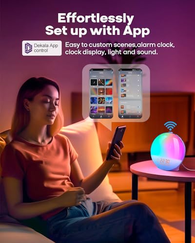 Dekala Sunrise Alarm Clock, Smart Wake Up Light, APP Control, Sunrise Sunset Simulation, Sleep Sound Machine, Dual Alarms, FM Radio, Natural Sounds, for Heavy Sleepers Adults, Ideal Gift