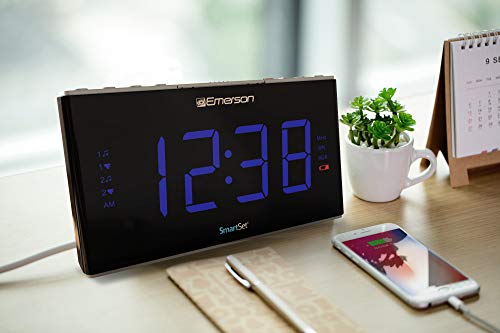 Emerson Smartset Sound Therapy Alarm Clock Radio with White Noise/Nature Sounds 1.8" LED Display Black/Blue, ER100105