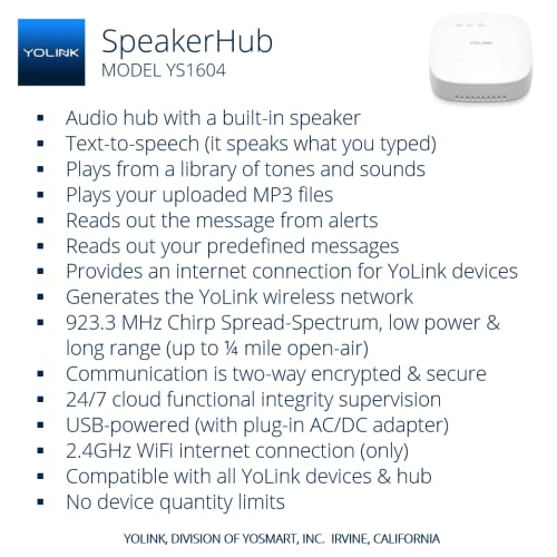 YoLink SpeakerHub - Smart Home Speaker Hub, Plays Tones/Alarms and Your Text-to-Speech Custom Messages, Voice Announcements, Audio Voice Alert, Spoken Alerts, LoRa-Powered ¼ Mile Range, WiFi Required