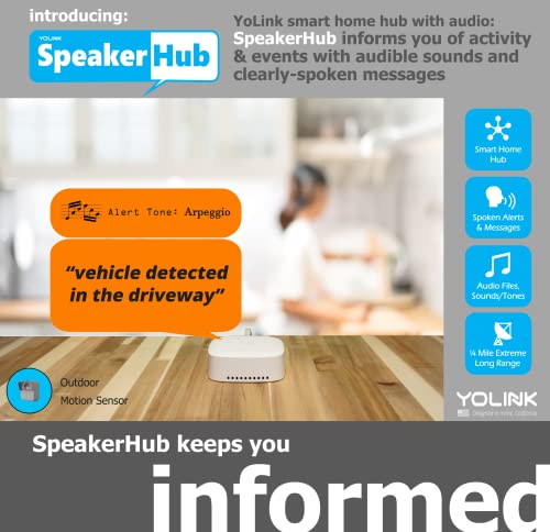 YoLink SpeakerHub - Smart Home Speaker Hub, Plays Tones/Alarms and Your Text-to-Speech Custom Messages, Voice Announcements, Audio Voice Alert, Spoken Alerts, LoRa-Powered ¼ Mile Range, WiFi Required