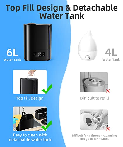 BREEZOME 6L Humidifiers for Bedroom Large Room & Essential Oil Diffuser, Ultrasonic Top Fill Cool Mist Humidifiers for Baby, Plants, Nursery Last up to 60 Hours, Smart Humidistat Control, Quiet, Black