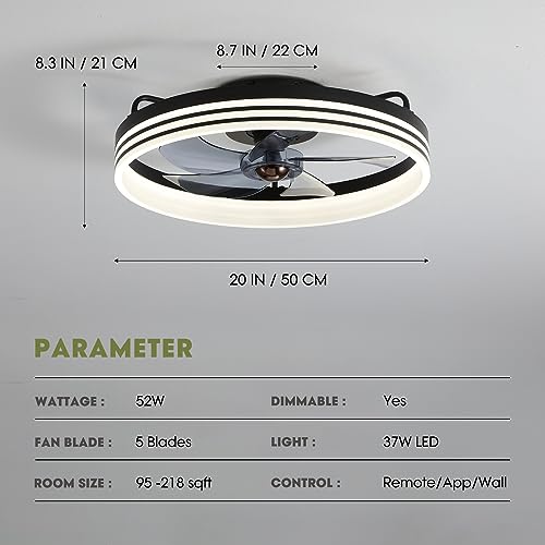 LUDOMIDE Ceiling Fans with Lights, Flush Mount Ceiling Fan with Lights and Remote, 6 Wind Speeds Smart Low Profile Ceiling Fan for Bedroom, Kids Room and Living Room 20" (Black)