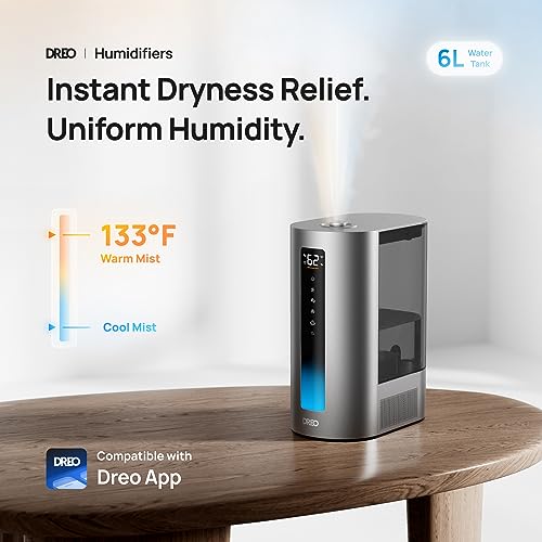 Dreo 6L Smart Humidifier, Warm & Cool Mist Humidifier for Bedroom, Top Fill, 60Hr Runtime, High Precision Humidity Sensor and Indicator Light, Large Room, Nursery, Plant, Works with Alexa, HM713S