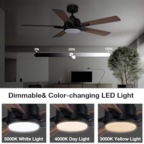 cumilo 52” Smart Ceiling Fanswith Lights Remote Control,Quiet DC Motor,Outdoor Indoor Modern Farmhouse Ceiling Fan work with Alexa App,Dimmable LED Light,Black/Brown for Bedroom Living Room Patio
