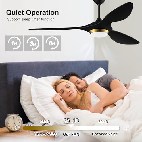 reiga 52 Inch Black Modern Ceiling Fans with Lights and Remote Control, Smart Wifi 3 Blades Quiet DC Motor Ceiling fan for Living Room Bedroom Patio, ETL Listed