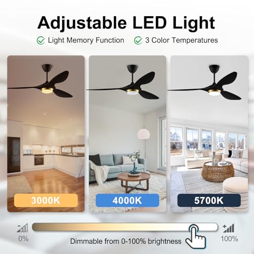 reiga 52 Inch Black Modern Ceiling Fans with Lights and Remote Control, Smart Wifi 3 Blades Quiet DC Motor Ceiling fan for Living Room Bedroom Patio, ETL Listed