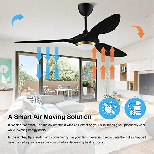 reiga 52 Inch Black Modern Ceiling Fans with Lights and Remote Control, Smart Wifi 3 Blades Quiet DC Motor Ceiling fan for Living Room Bedroom Patio, ETL Listed