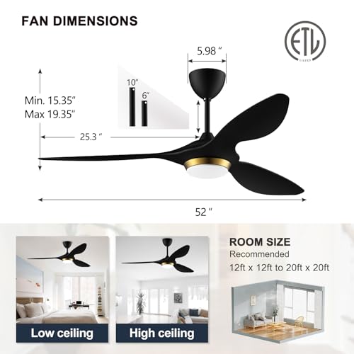 reiga 52 Inch Black Modern Ceiling Fans with Lights and Remote Control, Smart Wifi 3 Blades Quiet DC Motor Ceiling fan for Living Room Bedroom Patio, ETL Listed