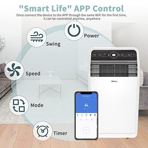 Shinco 12,000 BTU Smart Wi-Fi Portable Air Conditioner, Portable AC Unit with Built-in Cool, Dehumidifier&Fan Modes for Room up to 400 sq.ft, Remote Control, 24 Hour Timer, Installation Kits