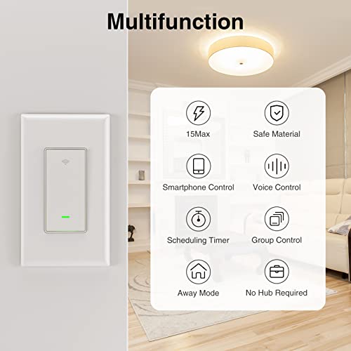 GHome Smart Switch,Smart Wi-Fi Light Switch Compatible with Alexa and Google Assistant 2.4Ghz, Single-Pole,Neutral Wire Required,UL Certified,Remote/Voice Control, No Hub Required (4 Pack)
