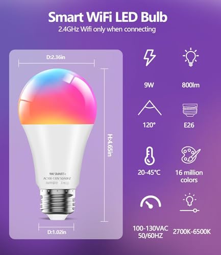 luckystyle Smart Light Bulbs, 9W A19 E26 800LM WiFi Bluetooth LED Bulbs Compatible with Alexa, Google Assistant & Home, 16 Million Colors Music Sync Color Changing Dimmable RGBWW Lights Bulb (4)
