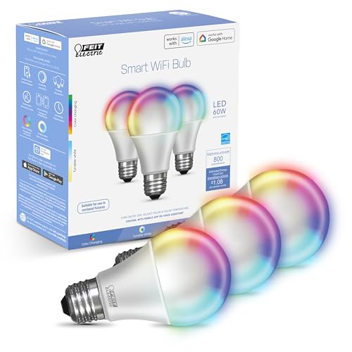 Feit Electric Smart Light Bulbs with RGB Color Changing and Tunable White, 2.4Ghz Wifi Light Bulbs, No Hub Needed, Works with Alexa and Google, Dimmable 60 Watt = LED 9W, OM60/RGBW/CA/AG/3, 3 Pack
