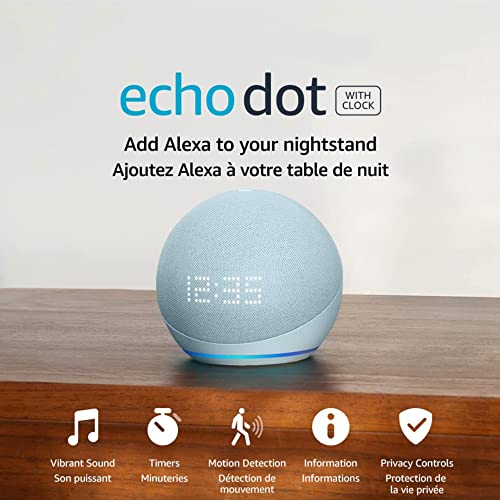 Amazon Echo Dot (5th Gen) with clock | Compact smart speaker with Alexa and enhanced LED display for at-a-glance clock, timers, weather, and more | Cloud Blue