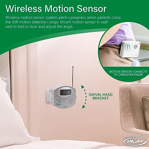 Smart Caregiver Wireless Motion Sensor Alarm System with Pager for Fall and Wandering Prevention | Mountable Motion Detector Alarm Alerts Medical Caregiver with Up to 300' Range | Bed or Door Movement