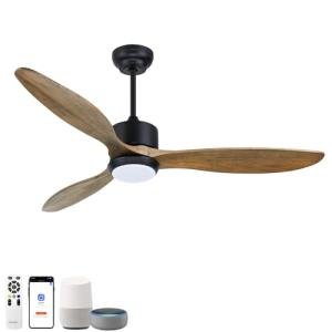 Ovlaim 52 Inch Indoor Outdoor Ceiling Fan, ETL Listed Quiet DC Motor Solid Wood Ceiling Fans with Lights Remote Control, 3 Blade Propeller Smart Ceiling Fan for Bedroom Living Room