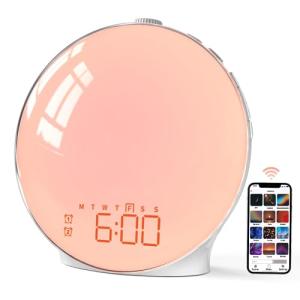 MOMILLA Smart Sunrise Alarm Clock, Wake-up Light Compatible with Alexa, App Control, FM Radio, Sunset Night Light, Dual Alarms with Snooze Function for Heavy Sleepers, Adults & Kids