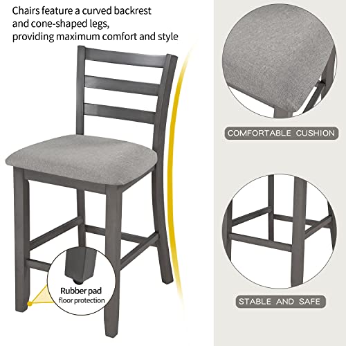 P PURLOVE 5 Piece Counter Height Dining Table Set for 4,Wood Kitchen Table Set with Table with Storage Shelf and 4 Padded Chairs,Farmhouse Kitchen Table Set for Small Place,Gray