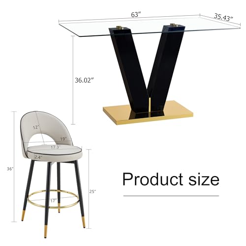 LUFTUT Counter Height Dining Table Set for 4,Pub Bar Table & Grey 360°Swivel Counter Stools,Glass Bar Table and Chairs Set,Tall Kitchen Table Set for Kitchen,Pub,Breakfast Nook…