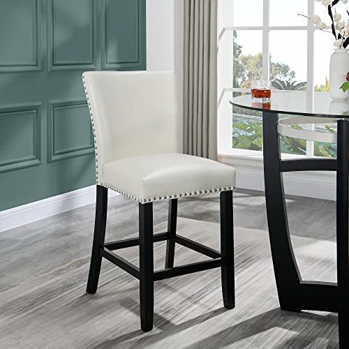 Glass Counter Height Bar Table Stools Set of 4, 42" Round Tempered Glasstop Counter Height Table Stools Set 26"H Barstools Chairs with Upholstered Back for Bar Kitchen Restaurant, Ivory White