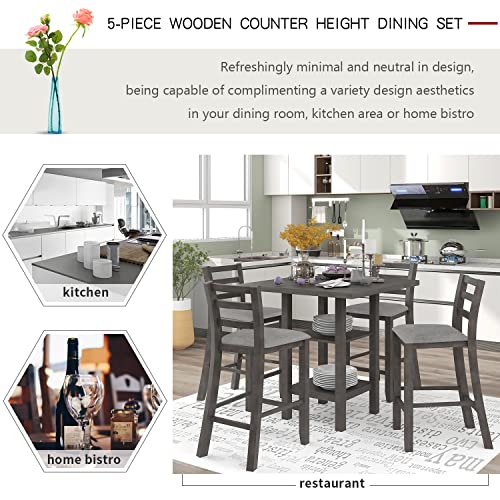 P PURLOVE 5 Piece Counter Height Dining Table Set for 4,Wood Kitchen Table Set with Table with Storage Shelf and 4 Padded Chairs,Farmhouse Kitchen Table Set for Small Place,Gray