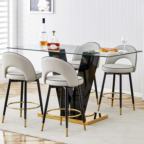 LUFTUT Counter Height Dining Table Set for 4,Pub Bar Table & Grey 360°Swivel Counter Stools,Glass Bar Table and Chairs Set,Tall Kitchen Table Set for Kitchen,Pub,Breakfast Nook…