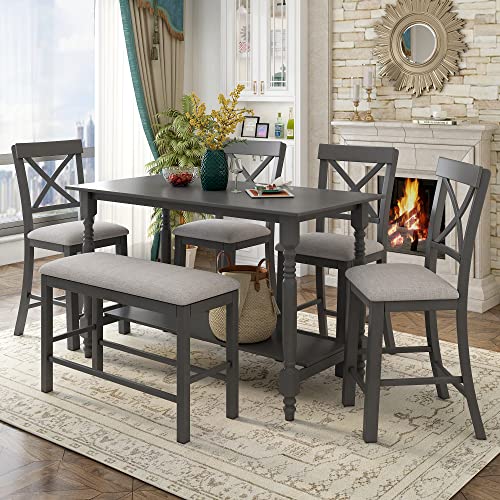 6-Piece Gray Dining Set with Table, Chairs, Bench
