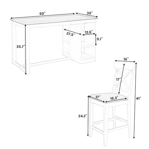 Harper & Bright Designs 5-Piece Farmhouse Counter Height Dining Table Set for 4,60" Lx30 W Solid Wood Kitchen Dining Table with 3-Tier Storage Shelves and Upholstered Cross Back Dining Chairs,Gray