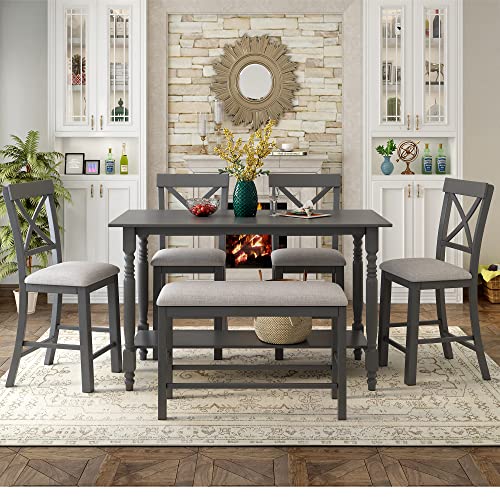 6-Piece Gray Dining Set with Table, Chairs, Bench