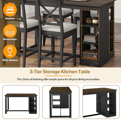 Harper & Bright Designs 5-Piece Farmhouse Counter Height Dining Table Set for 4,60" Lx30 W Solid Wood Kitchen Dining Table with 3-Tier Storage Shelves and Upholstered Cross Back Dining Chairs,Gray