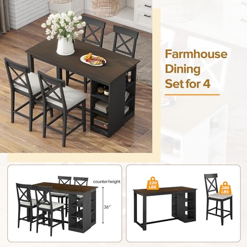 Harper & Bright Designs 5-Piece Farmhouse Counter Height Dining Table Set for 4,60" Lx30 W Solid Wood Kitchen Dining Table with 3-Tier Storage Shelves and Upholstered Cross Back Dining Chairs,Gray