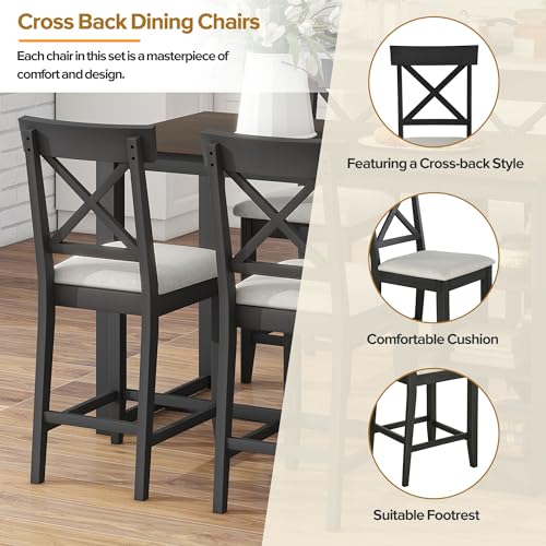 Harper & Bright Designs 5-Piece Farmhouse Counter Height Dining Table Set for 4,60" Lx30 W Solid Wood Kitchen Dining Table with 3-Tier Storage Shelves and Upholstered Cross Back Dining Chairs,Gray