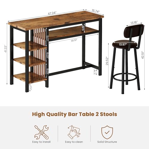 Recaceik Counter Height Dining Set - Bar Table and 2 Upholstered Stools with Storage Shelves, Kitchen Breakfast Nook Pub Set